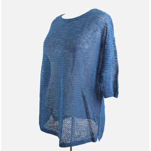 J Jill Size L Linen Blend Open Knit Sweater 3/4 Sleeve Pullover Blue
